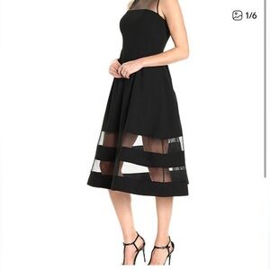 Aidan Mattox Black Mesh Stripe Midi Dress Fit & Flare Illusion Neckline Cocktail